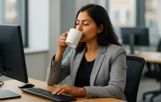 woman drinking coffee at her desk in an office