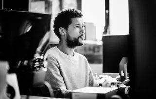 Man With%20beard Typing%20on%20computer Sitting%20at%20deskB%26W Png