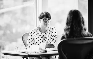 Two%20women Talking At%20workB%26W Jpg